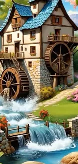 Charming watermill with lush landscape and flowing stream.