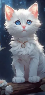 Wallpaper of a white kitten with blue eyes in an enchanting setting.