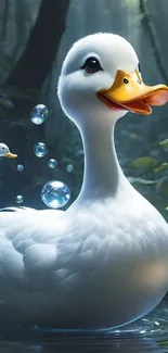 White duck in forest with water droplets creating a serene mobile wallpaper.