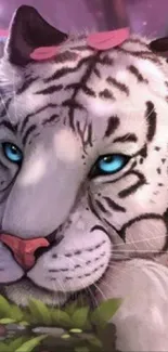 Whimsical white tiger with pink petals and striking blue eyes in a fantasy forest.