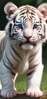 White tiger cub with blue eyes on mobile wallpaper.