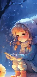 Charming anime girl in a winter scene with fauna.