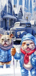 Two cute bulldogs skiing in a snowy winter landscape with a blue house.