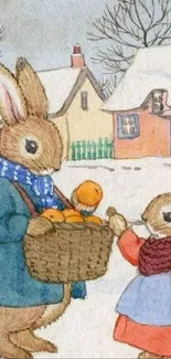 Charming illustration of bunnies in a snowy village.