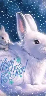 White bunnies with snowflakes and stars in a festive New Year setting.