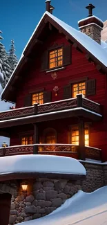 Cozy wooden cabin in snowy winter landscape with mountains.