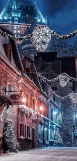 Charming winter city street with lights glowing at night.