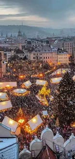 A festive cityscape with holiday lights and a bustling market at dusk.