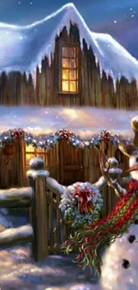 Snowy cottage with snowman and festive lights on a winter night.