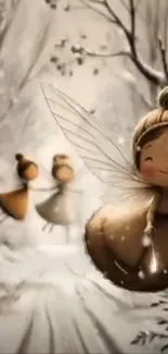 Whimsical fairy in snowy winter forest.