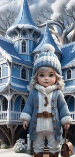 Charming child in winter attire standing before a magical blue castle.