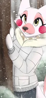 Cute anime fox in winter snow scene.