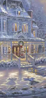 Charming winter house with snow and Christmas decorations.