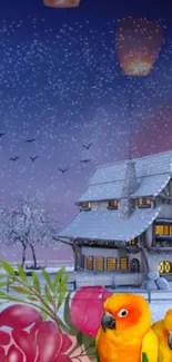 Winter night wallpaper with snowy house, birds, and floating lanterns.