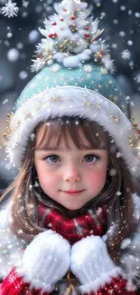 Young child in winter attire with falling snowflakes.