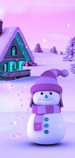 Adorable snowman by cabin under pink sky.