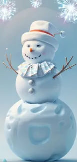 Cheerful snowman with fireworks for winter mobile wallpaper.