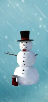 Cheerful snowman on a snowy blue background, perfect for winter-themed mobile wallpaper.