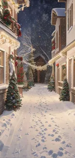 Charming snowy street with festive Christmas decorations.