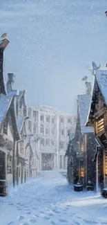 Enchanting snowy village street with cozy lights and snowflakes.