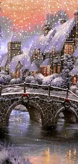 Snowy village with stone bridge and sunset sky wallpaper.