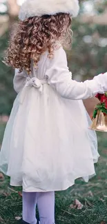 Child in white winter dress, festive scene.