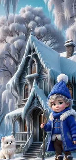 Cute character in a snowy winter wonderland with a charming icy house.