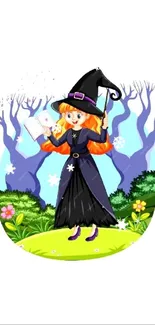 Cartoon witch in a magical forest setting with vibrant colors.