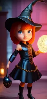 A charming witch doll holding a glowing orb, set in a colorful magical room.