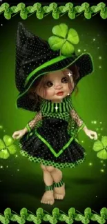 Whimsical witch doll with green clovers and black hat in a charming wallpaper.