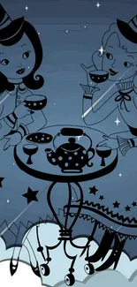 Whimsical witches enjoying tea under a starlit sky in a vintage illustration.