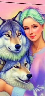 Dreamy woman with wolves in pastel colors, art wallpaper.