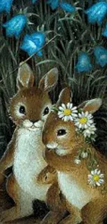 Woodland bunnies with blue flowers.