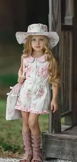 Mobile wallpaper of a doll in a rustic, woodland setting wearing a large hat.