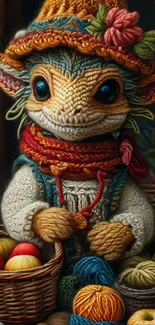 Charming yarn creature with colorful yarns in baskets, perfect for cozy wallpaper.