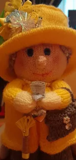 Adorable yellow knitted doll with hat and flowers.