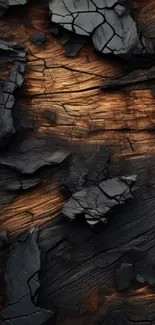 Charred wood texture with dark cracks and burnt brown highlights.