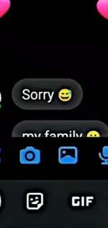 Dark themed chat message wallpaper with emojis and GIF style icons.