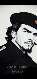 Artistic black and white Che Guevara with beret wallpaper design.