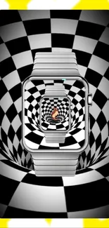 Checkerboard spiral watch design wallpaper with optical illusion effect.