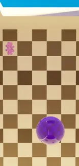 Checkerboard wallpaper with purple ball and pink flower accent.