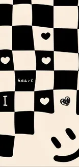 Minimalist checkered heart pattern wallpaper in black and beige tones.