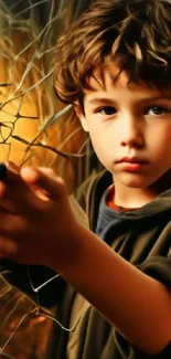 A young boy curiously holds a stick, set against an artistic background.