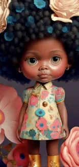 Artistic doll with a vibrant floral afro and colorful flowers.