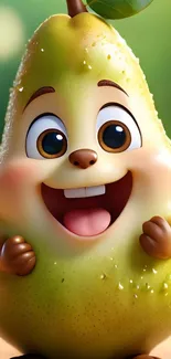 Cheerful animated pear character smiling.