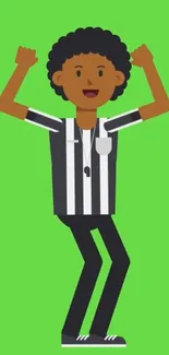 Animated referee on bright green background cheering.