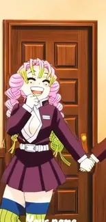 Cheerful anime characters holding hands in front of a door.
