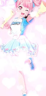 Cheerful anime girl in blue and pink outfit with hearts background.