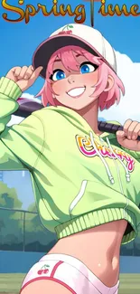 Cheerful anime character in green hoodie during springtime.