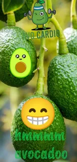 Cheerful avocado wallpaper with emojis and green hues.